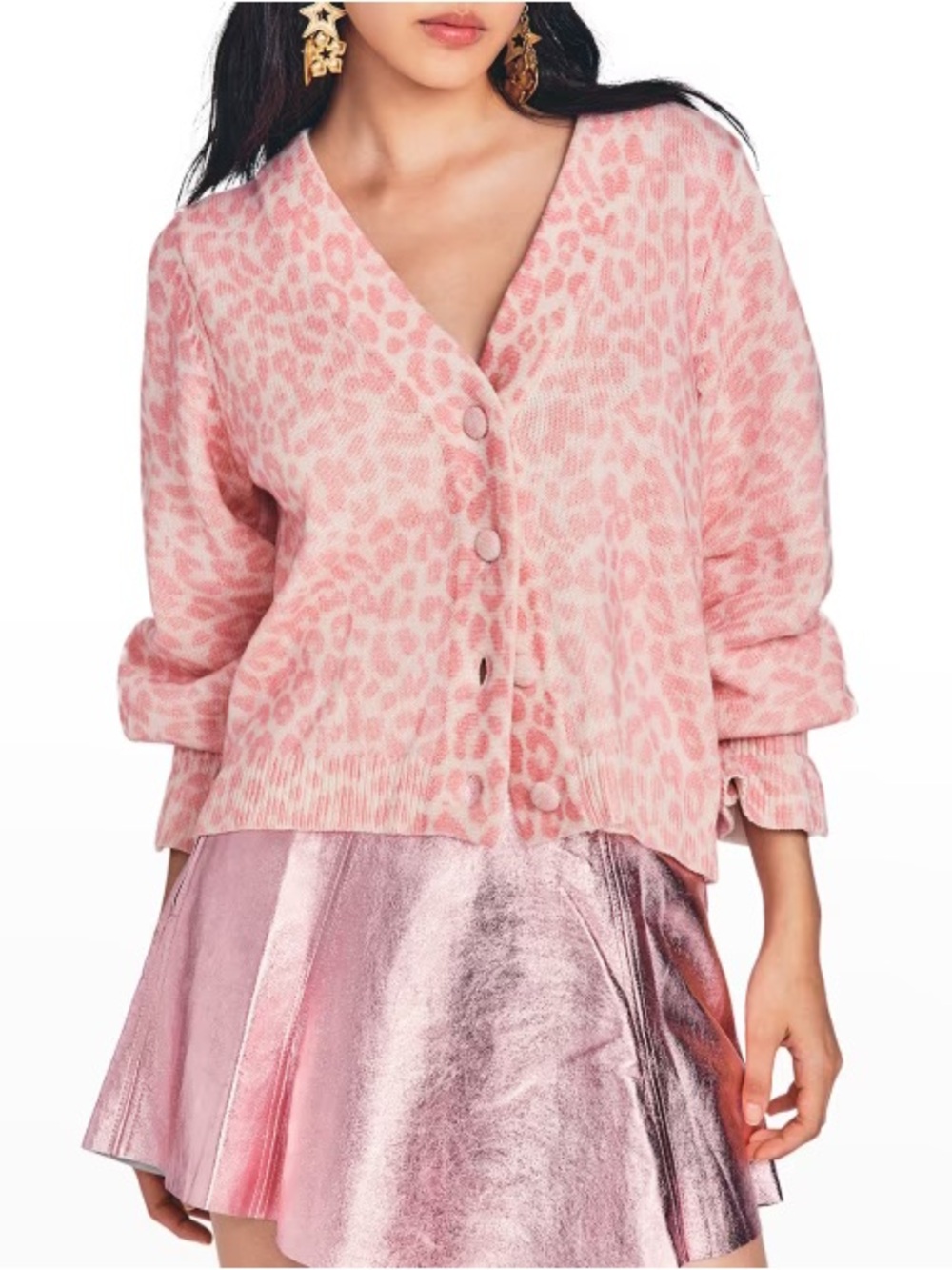 LoveShackFancy Pink and Cream Leopard Print Cardigan Sweater